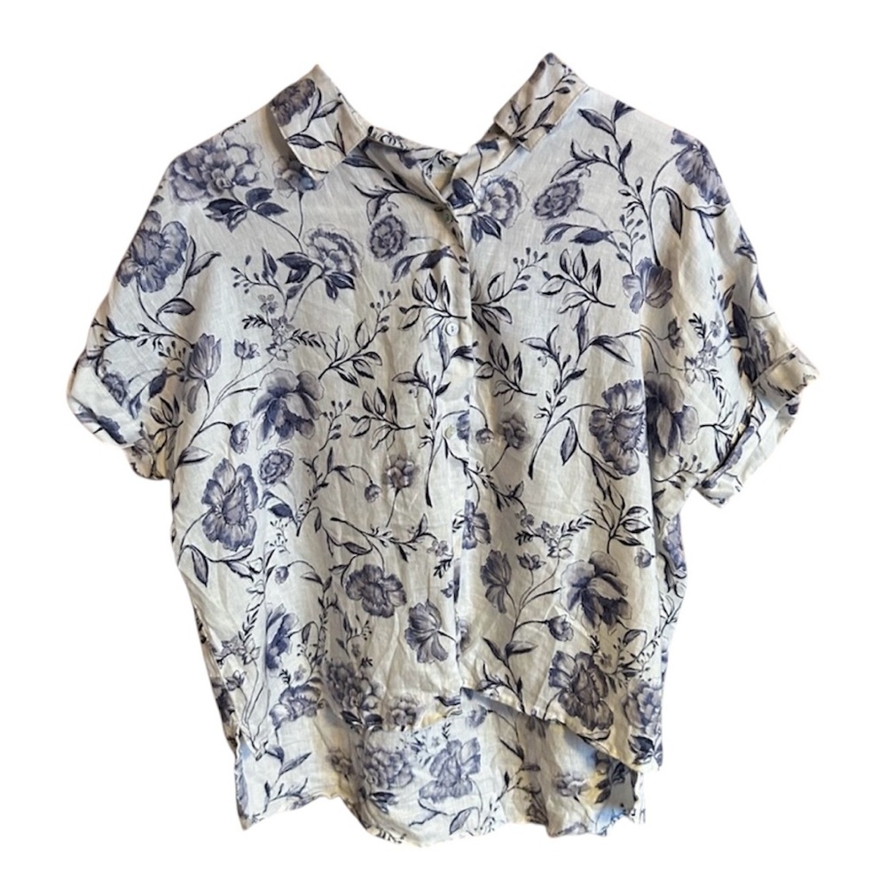 NWOT Cynthia Rowley Blue and White Floral Linen Button Up Shirt XS